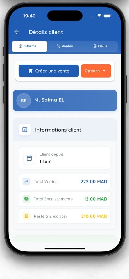 Écran « Détails client » d'OpticWizard sur mobile : total des ventes 222,00 MAD, total encaissé 12,00 MAD et reste à encaisser 210,00 MAD
