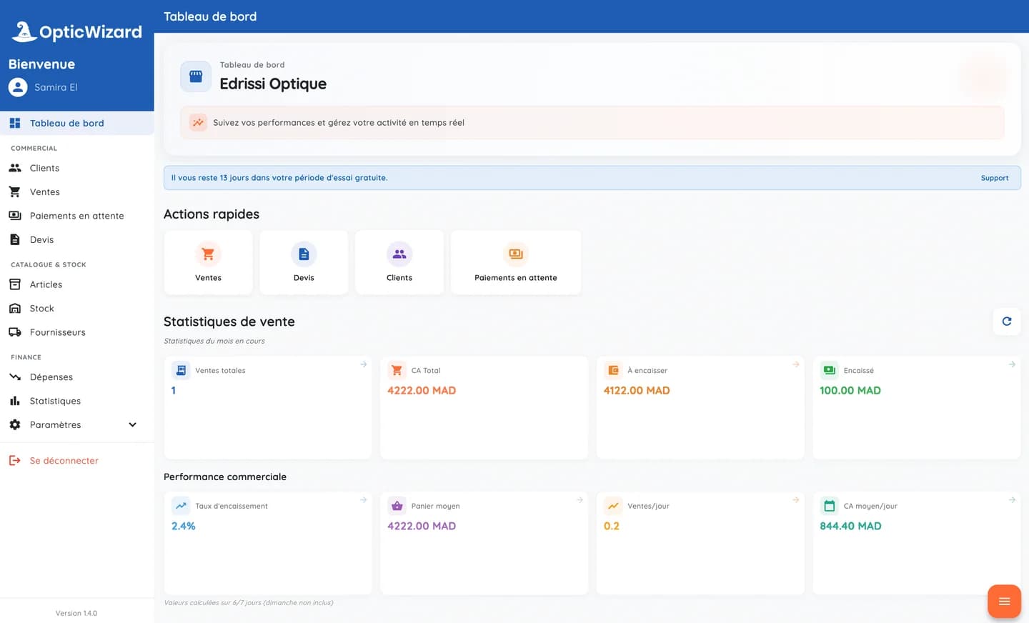 Tableau de bord OpticWizard : ventes, montants encaissés, paiements en attente et accès au stock