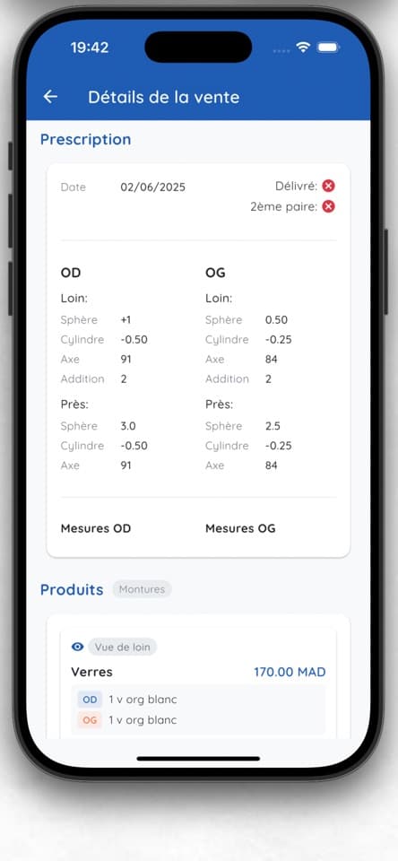 Écran « Détails de la vente » d'OpticWizard sur mobile : la prescription pour l'œil droit et l'œil gauche (sphère, cylindre, axe, addition), puis les verres facturés 170,00 MAD
